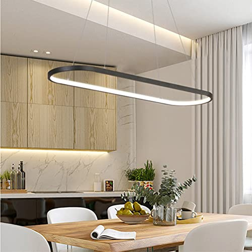 Moderne Esstisch Pendelleuchte LED Dimmbar schwarz Hängelampe Oval Höhenverstellbarer Kronleuchter mit Fernbedienung 41W Esszimmer Hängeleuchte Kreativität Küche Wohnzimmer Lampe Beleuchtung Licht L90