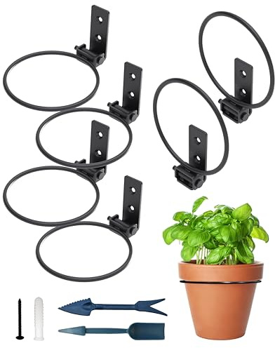 NACETURE Flower Pot Holder Ring for Wall Mount 4 Inch Foldable Heavy Duty Round Metal Planter Hooks Hanging Hanger for Indoor Outdoor 6 Pack