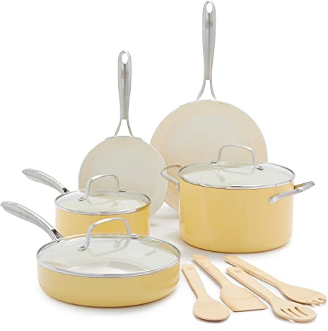 GreenLife Artisan Healthy - Set di pentole e padelle in ceramica antiaderente, 12 pezzi, manico in acciaio inossidabile, senza PFA, lavabile in lavastoviglie, utilizzabile in forno, colore: giallo