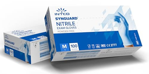 Intco Nitrile Gloves - Medium, 100 Count, Strong & Flexible, Food Safe Blue, Non-Sterile, Powder & Latex Free, Finger Textured 3 Mil Thick Disposable Gloves for Tools & Devices