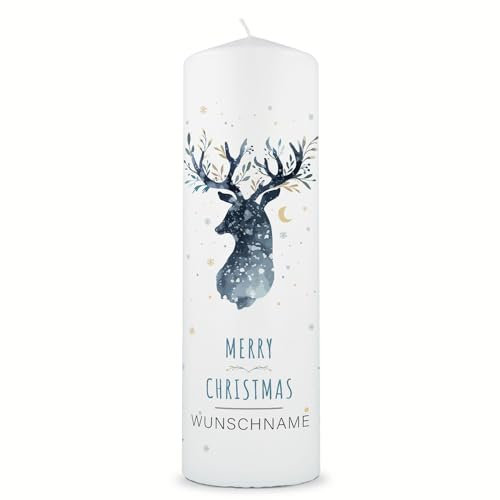 GRAVURZEILE Weihnachtskerze im Rentier Design mit Wunschtext - Hochwertige Stumpenkerze 250/80 mm brilliant bedruckt - Geschenk zu Weihnachten für Frauen & Männer - Weihnachtsdekoration für & Mama