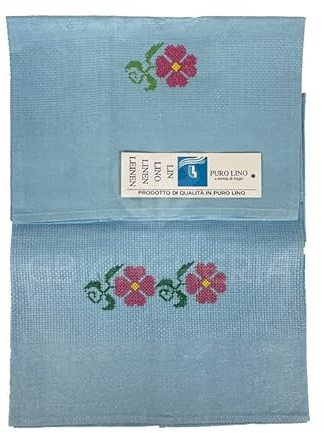 GBiancheria Asciugamano e Ospite Fiandra in Lino Jacquard Damascato con Ricamo a Punto Croce (Azzurro)