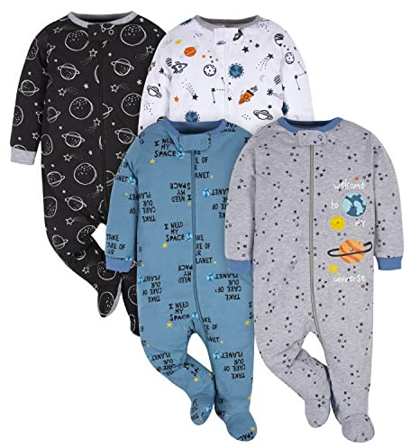 Gerber, Confezione da 4 tutine pigiama da bambino, con piedini, in colori e motivi assortiti