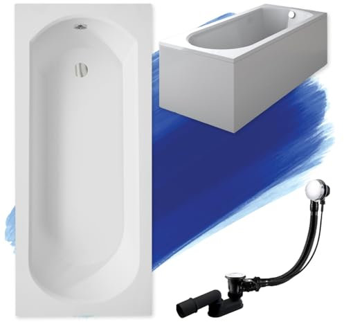 BADLAND Badewanne Original Weiß Acryl Wanne Rechteck INTRICA 150x75 KOMPLETTSET SET mit Weiß Acrylschürze + Füßen und Exklusive Chrom Automatik Ablaufgarnitur Made in EU 4in1