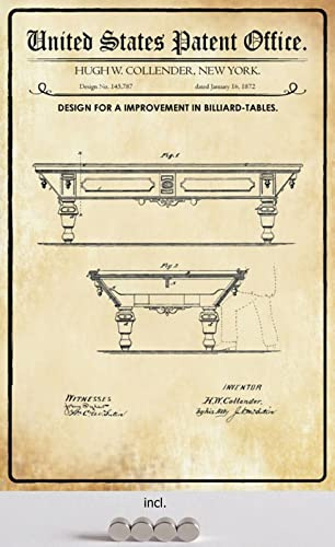 DekoDrom® Blechschild 20 x 30 cm US Patent Billard Tisch Sport Hobby historisches Motiv mit Magnete Wand Deko Sammler Geschenk