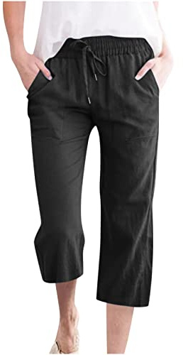 oglccg Womens Capris Trousers 3/4 Pants Cotton Linen Elastic High Waist Cropped Pants Drawstring Summer Autumn Solid Color Pockets Loose Pants Straight Wide Leg Trousers Outdoor Plus Size 8-18