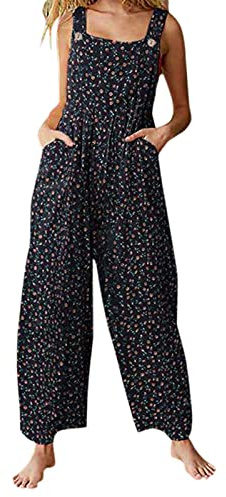 Edhomenn Women Summer Dungarees Multicolor Ethnic Style Square Neck Long Jumpsuit Playsuit Sleeveless Casual Baggy Overalls Rompers