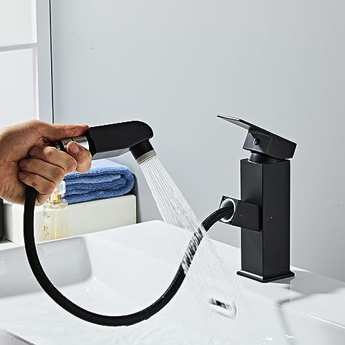 Sumeber Robinet de salle de bain avec robinet de lavabo extractible noir haut robinet de salle de bain avec 2 types de jet Robinet de lavabo en acier inoxydable pour salle de bain Noir mat