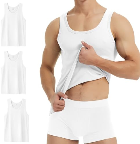 YouShow Blanco Camiseta de Tirantes Hombre Algodón 100% Camisetas sin Mangas Deportivas Pack 3 L