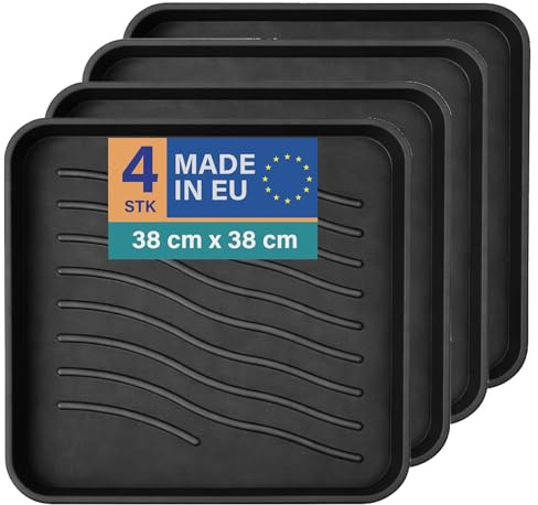 Bestlivings Schuhabtropfschale 4er-Pack, 38x38 cm, Schwarz, wasserdicht | Kompaktes Format, hoher Rand, robuste Schuhwanne aus Kunststoff, leicht abspülbar, Universalablage für Haus, Tier & Garten