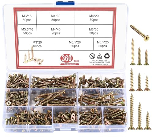 M3 M3,5 M4 Holzschrauben Set, 360 Stk Universalschrauben Senkkopf, Selbstschneidende Schrauben, Flachkopf Spanplattenschrauben, Kreuzschlitzschrauben Sortiment für Reparatur, DIY Projekt