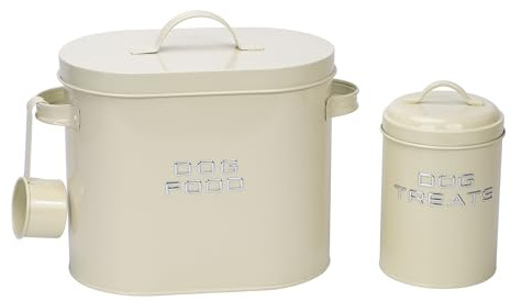 simpa 3PC Matt Cream Oblong Metal Dog Food Storage Set: Food Tin, Treats Tin & Serving Scoop