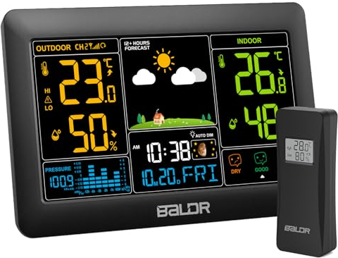 Konsen Wetterstation funk mit Außensensor DCF Funkuhr, Großes Farbdisplay mit Innen und Außentemperatur/-luftfeuchtigkeit, dimmbare Beleuchtung, Wettervorhersage, Luftdruckanzeige