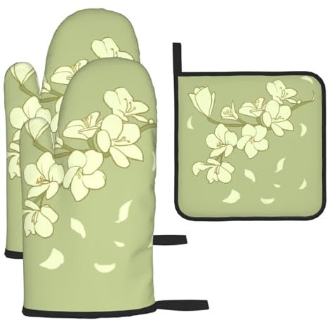 Ofenhandschuhe und Topflappen mit Cartoon-Begonien-Motiv, Grillhandschuhe und Halter zum Kochen, Backen (3-teiliges Set)