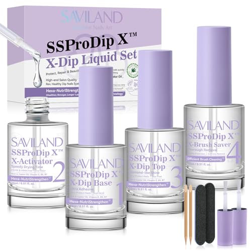 SAVILAND Set Liquido per Polvere da Immersione: Kit per Unghie da 15ml con Base, Top, Attivatore, Pennello, Olio di Ricino, VE, VB5, VB7 per Nail Art Salone