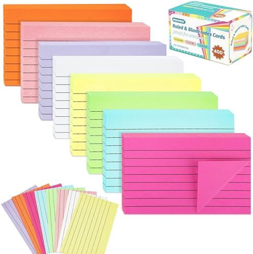 400 Fiches (8 Lots) à Lignes - 8 Couleurs - Cartes de Révision 5x3 [127x77mm] - Fiches Multicolores pour Bureau, École, Maison - Réf. PAP06MX400