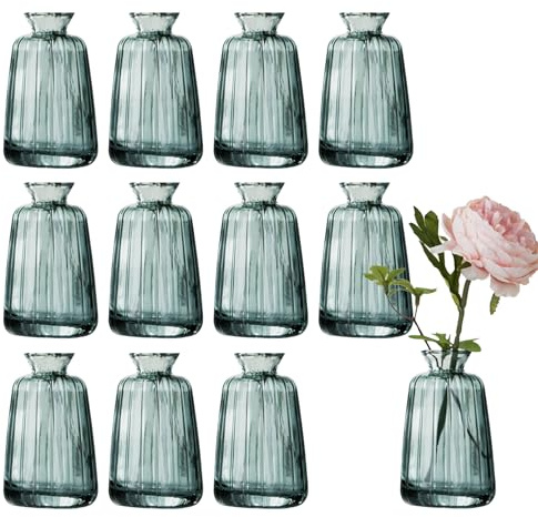12 Stück Kleine Vasen für Tischdeko, 11× 6,5cm Blumenvasen Klein Glasvasen für Hochzeit Tischdeko, Grün