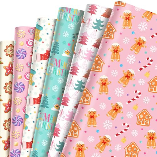HOWAF 12 Geschenkpapier Weihnachten Rosa, Weihnachtsgeschenkpapier Set Geschenkpapier Weihnachten Kinder Weihnachtspapier geschenkpapier Rosa Geschenkverpackungen Weihnachtsdeko Xmas Deko, 27x20 Zoll