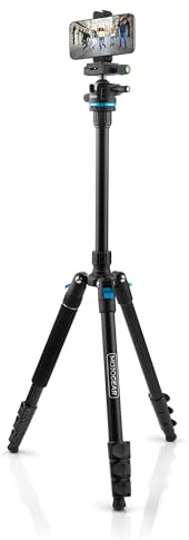 MOJOGEAR Swift Fotostativ 175 cm für Kamera und Smartphone – Arca Swiss – inklusive Handyhalter und monopod – abnehmbare und umkehrbare Mittelsäule – Schwarz/Blau