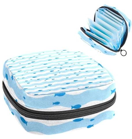 Aufbewahrungstasche für Damenbinden, tragbare Menstruationstasse, Tasche für die erste Periode, kleine Fische auf blau-weißen Wellenstreifen, Reißverschluss, gepolsterte Geldbörse