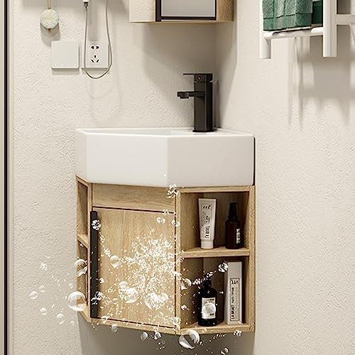 Mobiletto per lavabo piccolo, Lavandino da appoggio in ceramica per bagno, Piccolo lavandino angolare con rubinetto, Mobiletto con ante combo, Mobiletti per lavabo per mobili contemporanei, Piccolo la