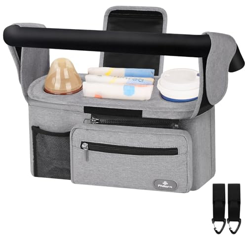 PHILORN Borsa organizer per passeggino con portabicchieri isolati e tracolla, grande borsa per console genitore portaoggetti extra facile da attaccare saldamente 3 modi per trasportare la borsa per