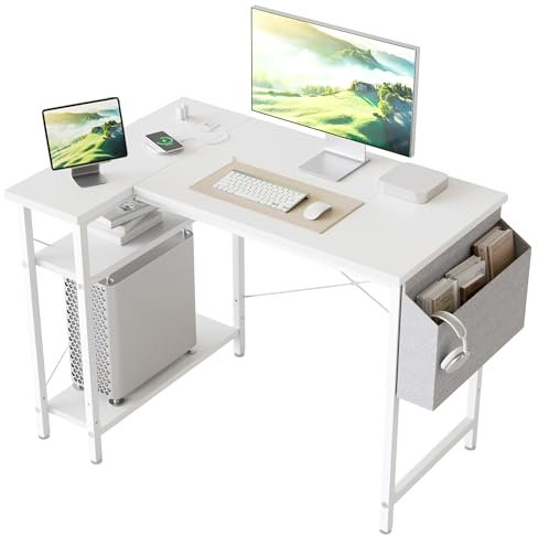 Mericonia Escritorio pequeño en L con Tomas de Corriente, 100 cm L Escritorio de Esquina para Ordenador con estantes Reversibles, Escritorio para Juegos, Escritorio para Oficina en casa, Blanco