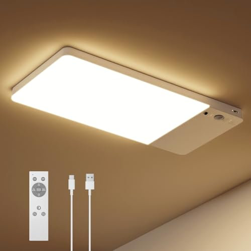 FULEN Plafonnier Rechargeable avec Détecteur de Mouvement, Lampe LED Plafond Interieur Sans Fil pour Salle de Bain, Cave ou Garage, Batterie 12,000 mAh,Télécommande Incluse‌