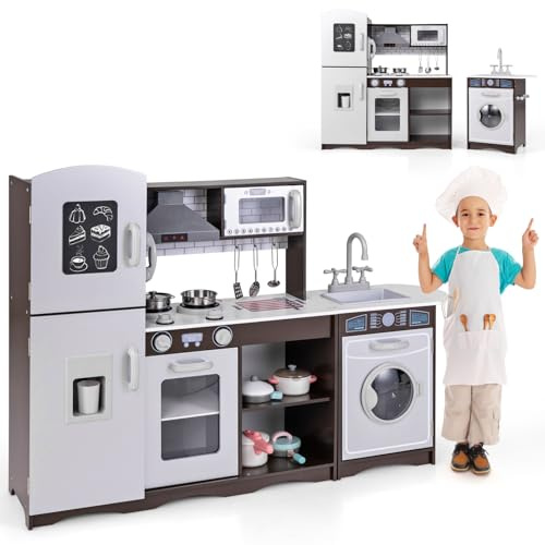 COSTWAY Kinderküche Holz, Eck Spielküche mit Licht & Sound, inkl. 7 Zubehör, Spielzeugküche mit Herd, Spüle, Eismaschine, Mikrowelle, Waschmaschine, Dunstabzugshaube, Telefon, für Kinder ab 3 Jahren
