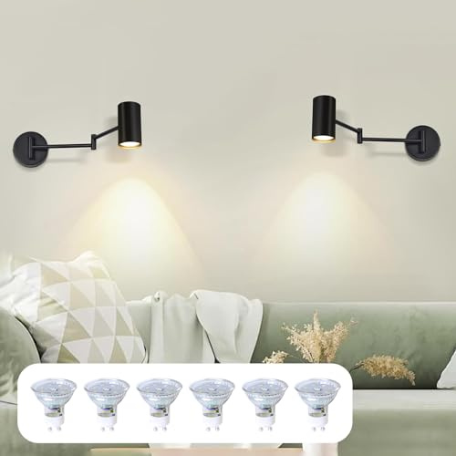 Homefire Wandleuchte Innen Wandlampe Schwarz 2 Stück Wandbeleuchtung | Vintage Wandstrahler Schlafzimmer Wandlicht Schwenkbar Treppenhaus Mit 6 GU10-Leuchtmitteln für Küche Wohnzimmer Flur