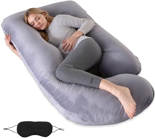 WUSUPU Almohada Embarazada,Cojin Embarazo,Almohada Embarazada para Dormir en Forma de J,Almohada de Cuerpo Completo con Funda de Terciopelo Extraíble y Lavable y Antifaz,80x120x180 cm(Gris)