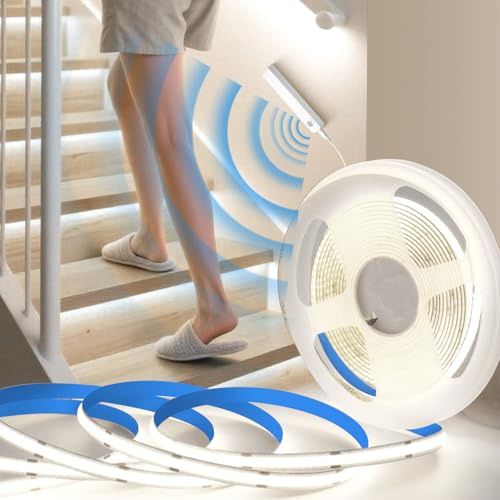 BRIMETI LED Streifen COB Mit Bewegungsmelder LED Band 5M Selbstklebend Batterie 5V Weiß 6000K 8mm Breite 320LEDs/M Dimmbar Flexibel Schneidbar Licht Band DIY für Bett Schrank Flur