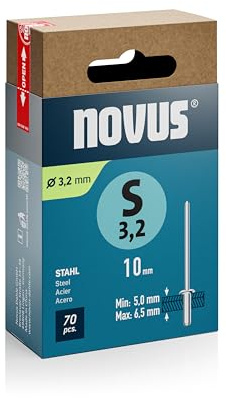 Novus Tools Stahl-Blindnieten Ø 3,2 mm, 10 mm Länge, 70 Nieten | Klemmlänge 5,0 - 6,5 mm, Nietmittel zur dauerhaften Befestigung von Stahlblechen und robusten Metallkonstruktionen