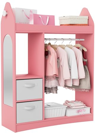 Kinder Kleiderschrank 81 x 28 x 106,5 cm (Rakete mit 2 Schubladen, Rosa) | Kinderkleiderständer mit Boxen, Kleiderstange, Spiegel und Ablagen, Kindergarderobe aus Holz, Kinderregal