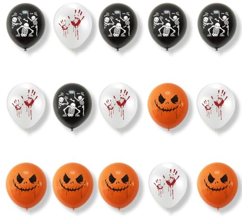BEPSYOM 15 Palloncini in Lattice Stampati con 3 Diversi Motivi di Halloween per Decorazioni di Feste di Halloween 12 Pollici (Bianco, Nero, Arancione)