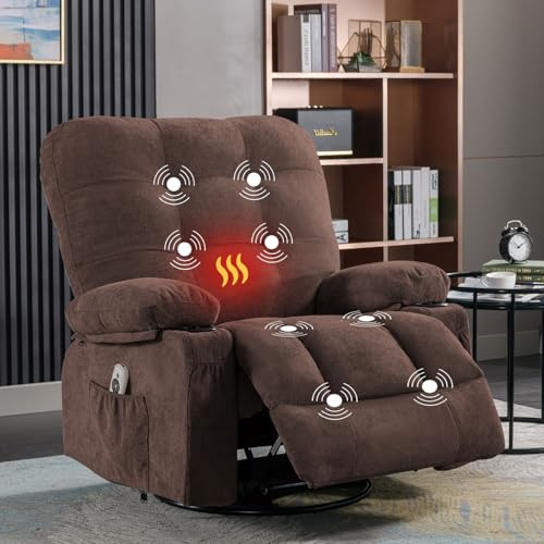 Bosmiller Relaxsessel mit Liegefunktion Elektrisch Fernsehsessel Oversize 360°Drehbarer Liegesessel mit Wärmefunktion Heizung Verstellbar Sessel Stoff TV-Sessel für Wohnzimmer, Braun