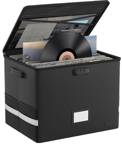 Caja de almacenamiento para discos de vinilo, cajas de almacenamiento LP con tapa y asas, colección de álbumes valiosos, resistente al agua, resistente al fuego para revistas de B