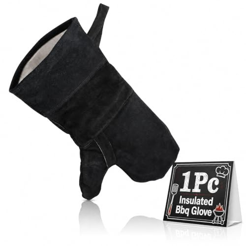 NUOBESTY 1 paire de gants de barbecue résistants à la chaleur, gants de four et de soudure isolés en cuir noir pour cuisine et extérieur