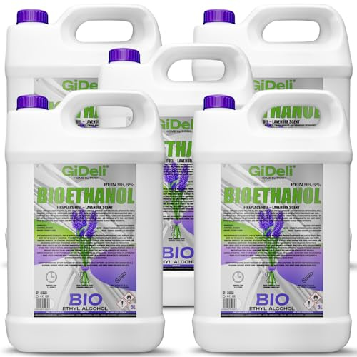 GiDeli Bioéthanol 5 x 5 l Parfum lavande 96,6 % éthanol pour cheminée intérieure et extérieure Sans fumée ni suie Fabriqué à partir de maïs et de betterave sucrière