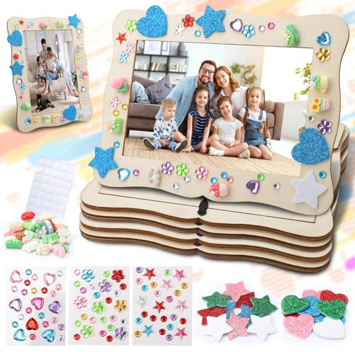 GullSkies Holzrahmen 4er Set mit Stickern und Deko, 19 x 14 cm | Mit Standfuß, Stickern, Glitzersteinen, Harzdeko und Klebepunkten für Fotos, Motive, Regal und Schreibtisch.