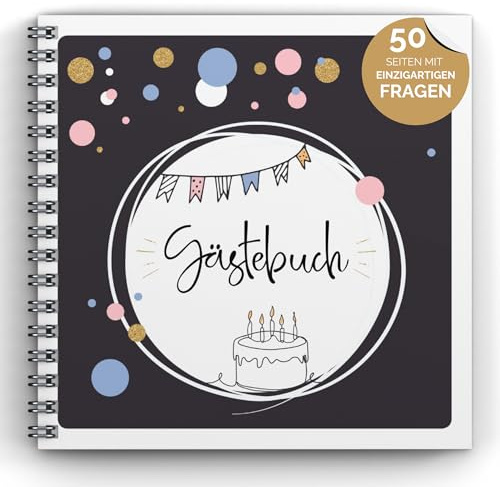 snaPmee Birthday Guest Book with Questions – For 50 Entries, Each Page Is Unique – Elegant Hardcover with White Spiral Bound – Size 21 x 21 cm, 300 g/m² Paper (Extra Thick) Includes 25 Photo Tasks