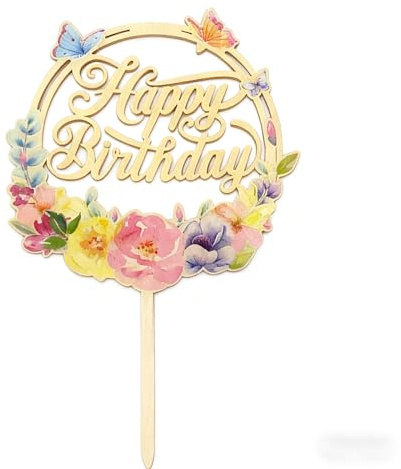 Happy Birthday Cake Topper,Cake Decorations for Women, Wooden Butterfly Floral Cake Pick, 22cm x 14cm Birthday Party Decoration with “Happy Birthday” Sign