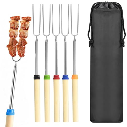 5 Stück Stockbrot Spieße Edelstahl mit Aufbewahrungsbeutel, Stockbrot Stöcke Roasting Sticks, Grillspieße Teleskop Marshmallow, Popcorn, Grillbesteck Set für Camping Grill, Grillstab 31-81cm (bunt-1)