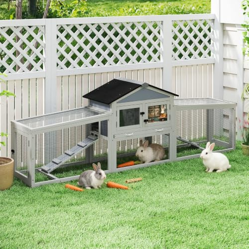 Furpal Großes Kaninchenhaus 207x47x82 cm mit Freilaufgehege und wetterfestem Unterschlupf, zweistöckiger Stall aus Fichtenholz für Kaninchen & Kleintiere