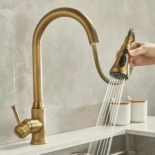 Antique Brass Pull Out Kitchen Faucet with 360° Swivel Spout, Vintage Style Mixer Tap for Sink, Classic Golden Bronze Finish