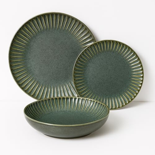 VAJILLA PORCELANA GRES MORDERNA CALIDAD 6 PERSONAS (18 PIEZAS) CERAMICA GRES CALIDAD (VERDE RAYAS)