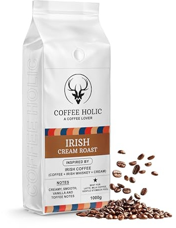Coffeeholic Irish Cream Whiskey Coffee Beans 1kg - Premium Irish Cream Flavoured Coffee - Smooth Vanilla Toffee Notes - Best for Latte Cappuccino - Low Acid Gentle Arabica Beans Medium Roast
