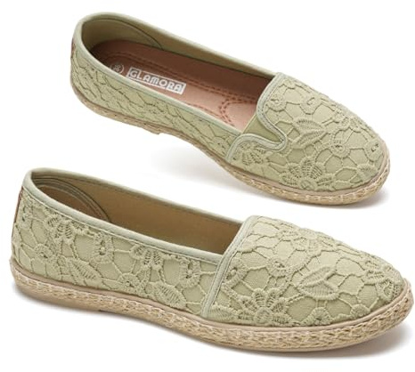 GLAMORA Alpargatas de Encaje con Suela de Esparto, Zapatos Planos Mujer Tipo Bailarinas Manoletinas Cómodas Slip On, Calzado Verano Ligero Transpirable Punta Redonda