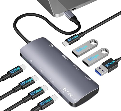 Hub USB C 8-en-1, 10Gbps USB C Hub con 4K@60Hz Vídeo, 100W PD Carga, 3× USB-C 10Gbps & 3× USB 3.0 5Gbps, Docking Station para MacBook Pro/Air, iPad Pro, DELL, HP y Más
