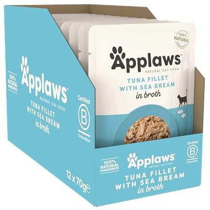 Applaws Premium Natural Katzenfutter Nass, Thunfischfilet mit Seebrasse in Brühe 70g Portionsbeutel (12x70g )